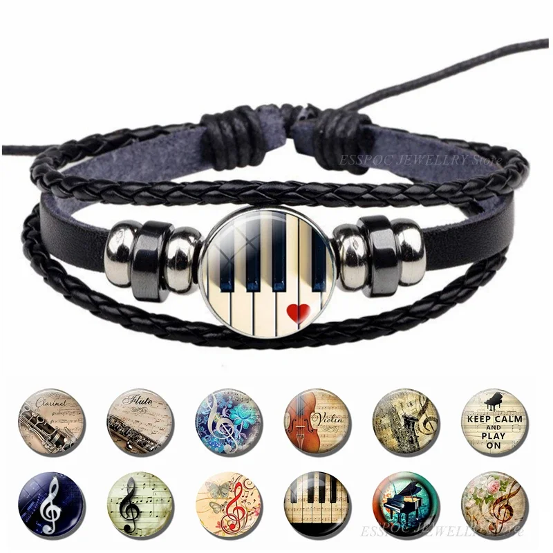 Music Notes Bracelet Vintage Violin Piano Musical Instruments Black Punk Mens Jewelry Glass Cabochon Bracelets Musician Gift