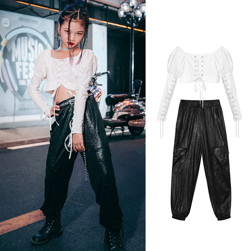 

Jazz Dance Stage Costume Girls Kpop Outfit Puff Sleeve Tops Loose Pants Children Street Dance Clothes Hip Hop Dancewear YS2612