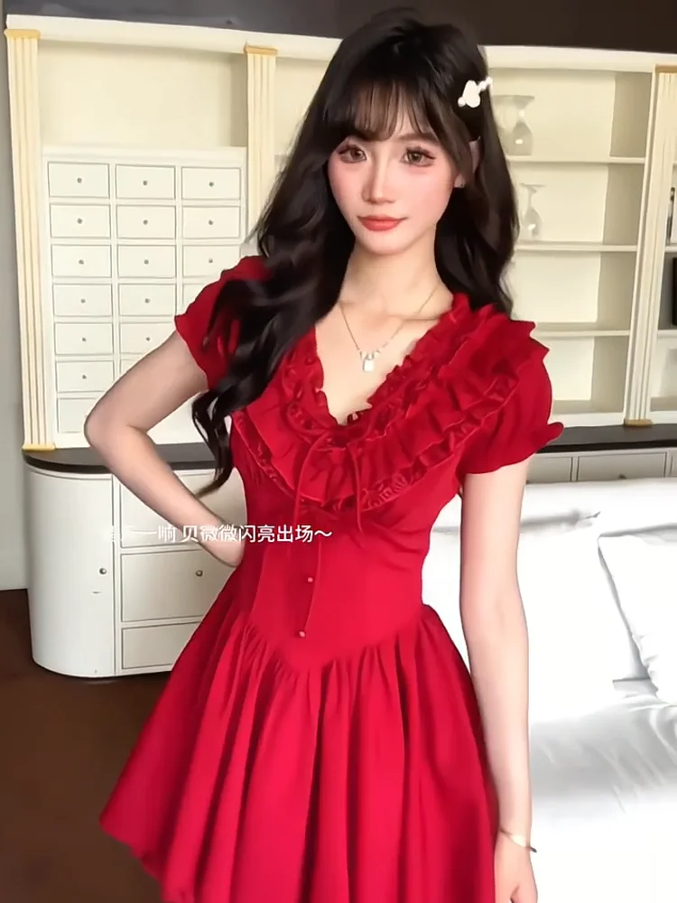 Aesthetic Streetwear Red Y2k Sweet Women Dresses Ruffle puff sleeve Sexy Party Dresses Harajuku Korea Summer Coquettish Dress