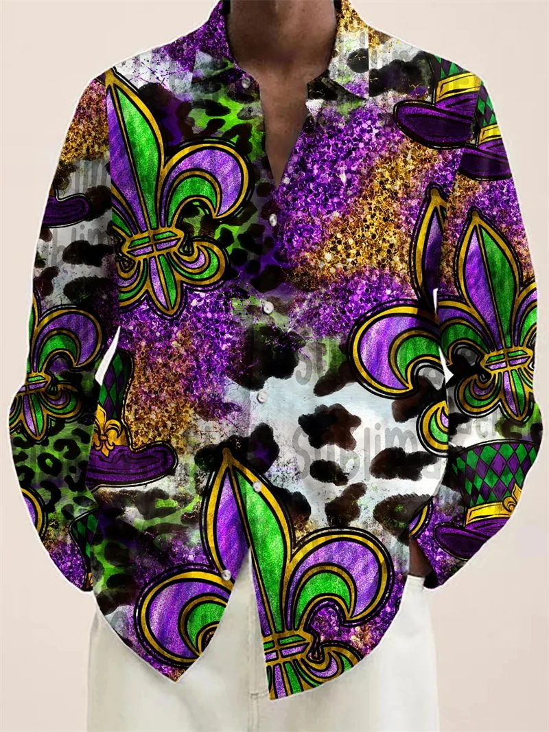 Mardi Gras 3D Print Hawaiian Shirts Mens Women Fashion Personality Carnival Pattern Casual Long Sleeve Button Shirt Loose Blouse