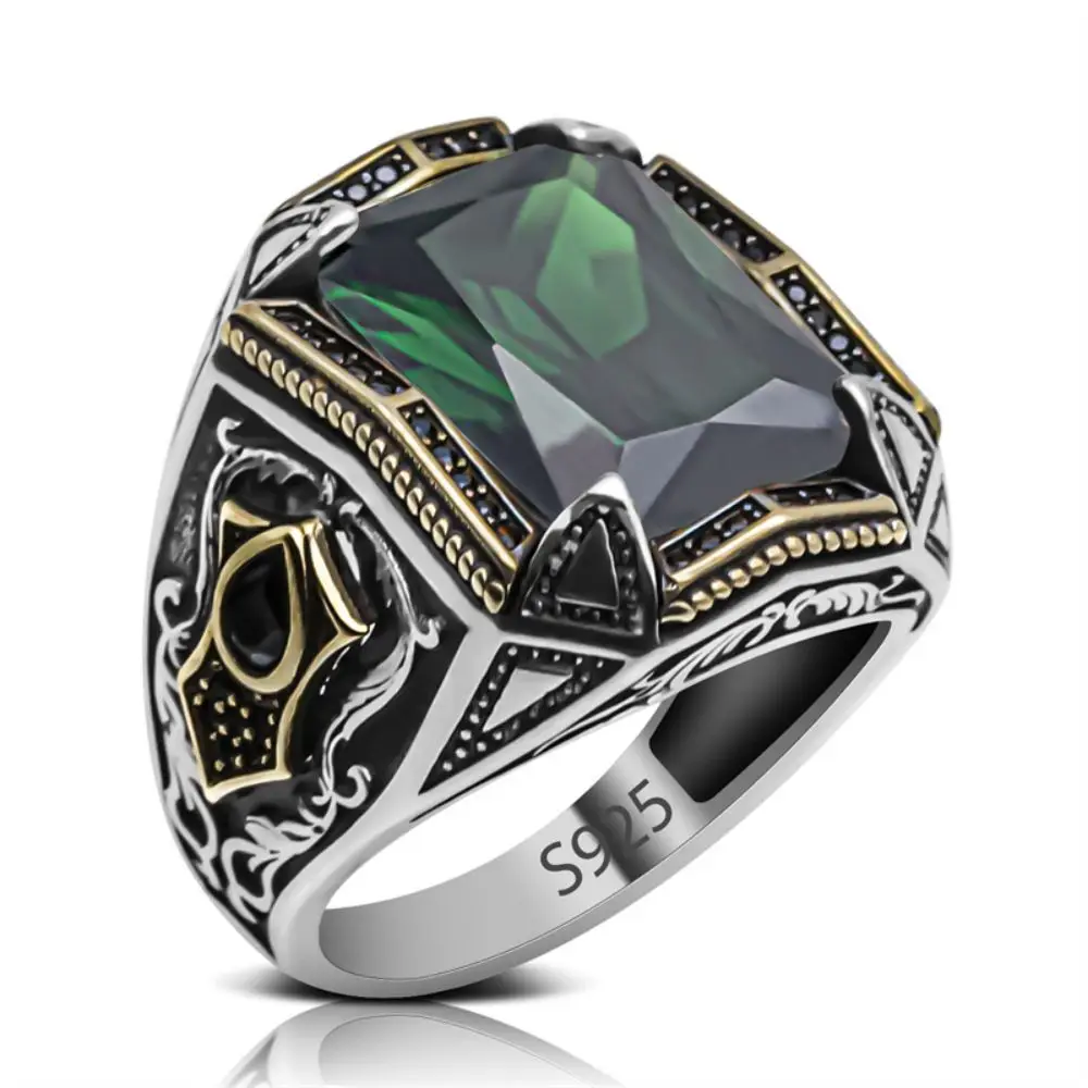 

Genuine 925 Sterling Silver Domineering Turkish Style Design Men Ring with Olive Dark Green Cubic Zirconia Stone