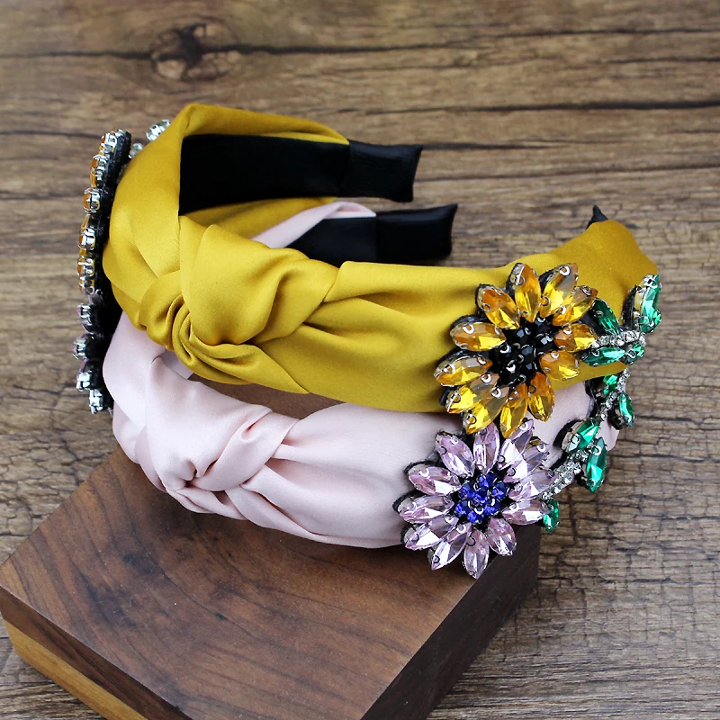 Cute Yellow Pink Flower Hairbands Crystal Rhinestone Bow Headbands For Women Girls Prom Hair Jewelry