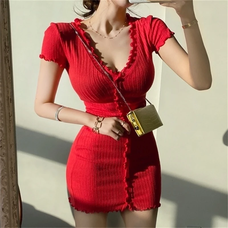 

2024 Summer Hot Sexy Dress Red Ins Korean Fashion Mini Ruffles Casual Dresses All-Match V-Neck Knitted Vestidos Mujer Party 원피스