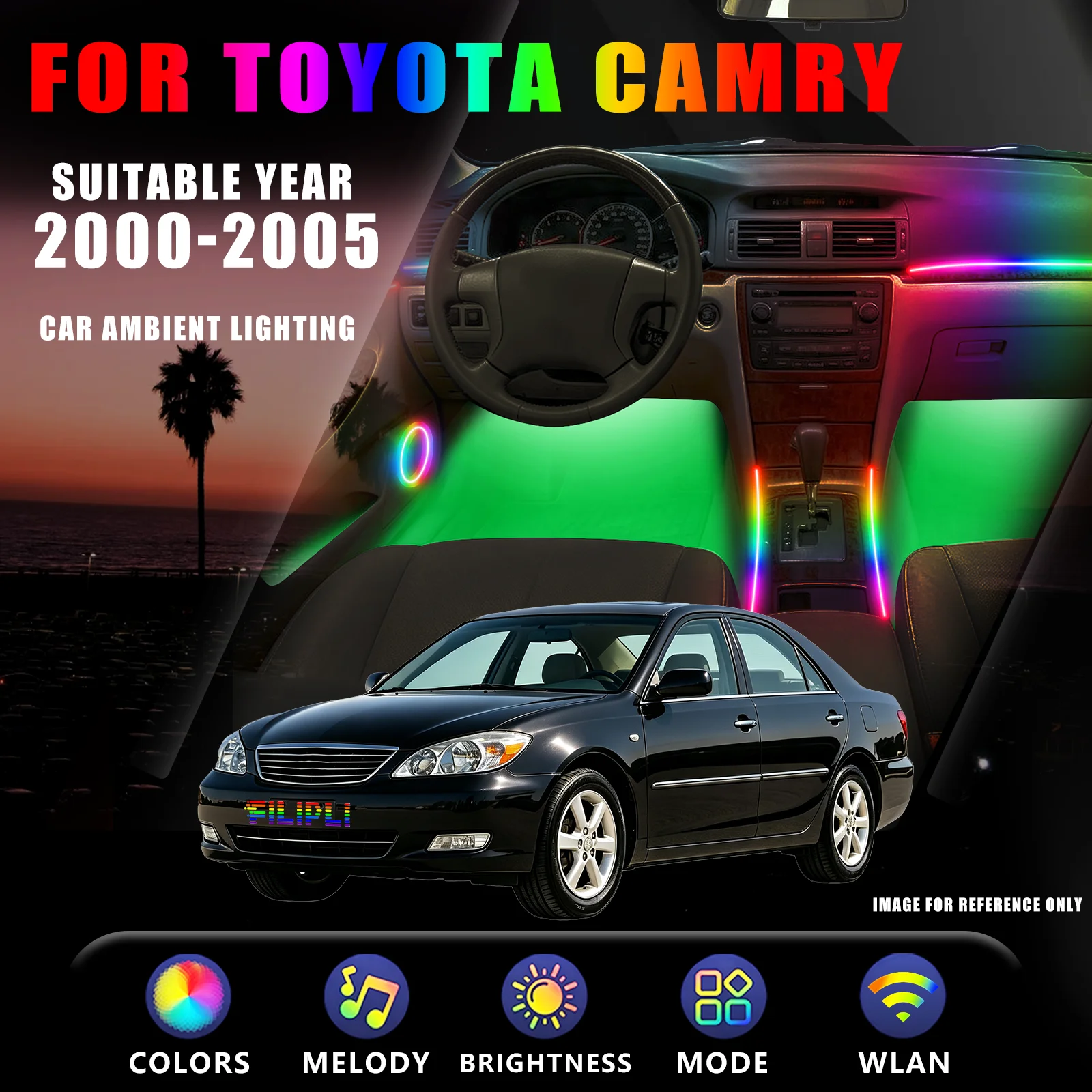 FOR TOYOTA Camry 2000-2005 Year Dream Color 18 Lights Car Ambient Light Kit Full Cabin Synchronized Flow Music Spectrum Jump Brake Highlight Reminder Car Interior Upgrade Kit
