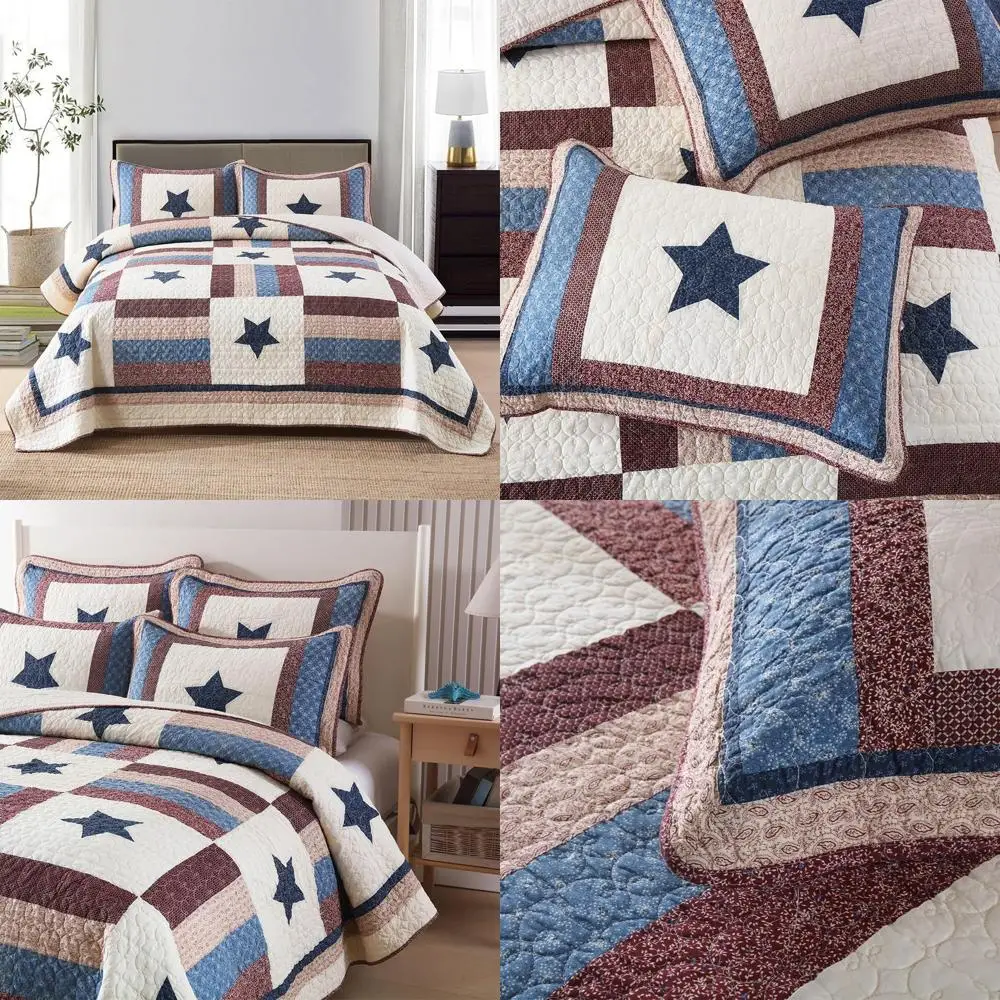 

Queen Size All-Season Boys Patchwork Star Pattern Reversible Cotton Bedding Quilt Set
