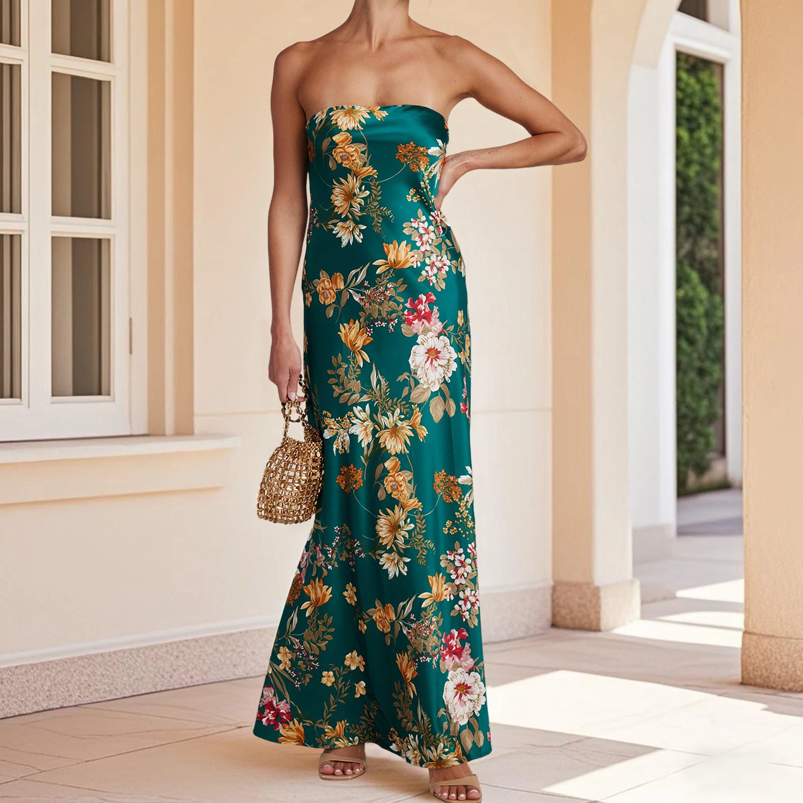 فستان نسائي بدون حمالات صيفي كاجوال بطبعة زهور فستان طويل بدون ظهر لحفلات الكوكتيل والشاطئ ملابس الشارع