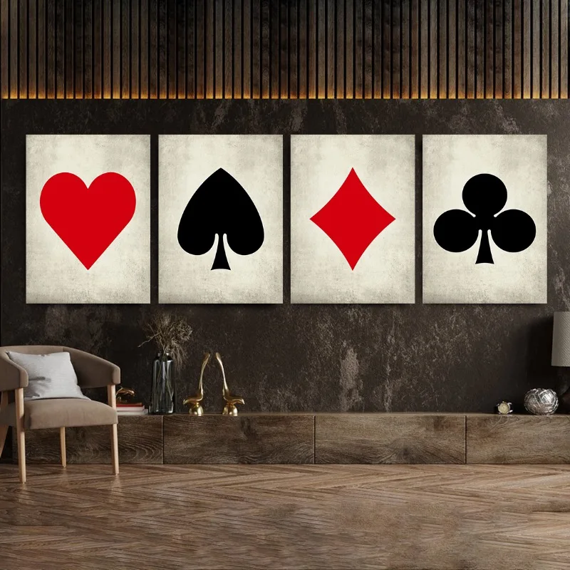 Heart/Spade/Club/Diamond Poker Suits Playing Cards Canvas Posters Prints Wall Art Pictures for Club Bar Casino Card Player Decor