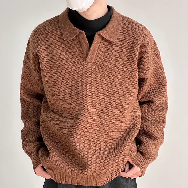 Herbst Winter Koreanischen Stil männer Revers Polo Shirts Pullover Pullover Vintage Lose Innere Layered V-ausschnitt Strickwaren Pullover Jumper – Detail 4