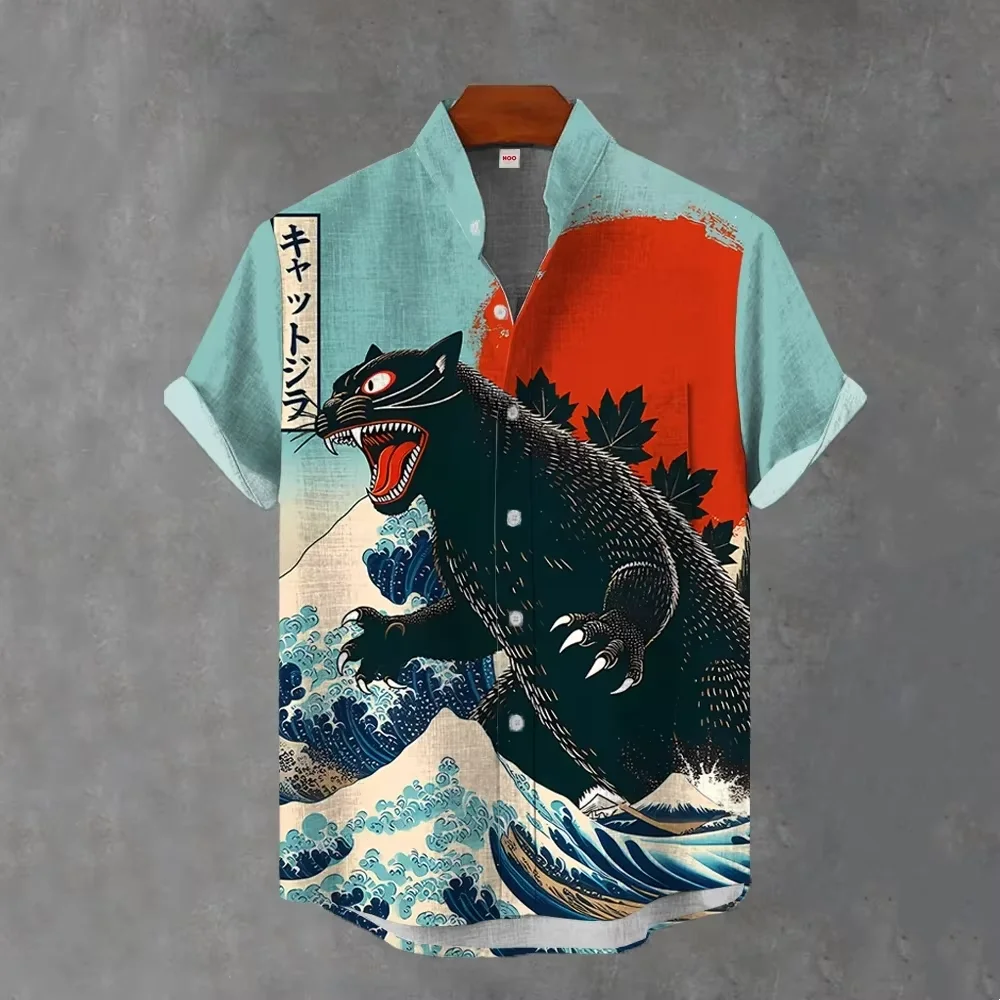 

Specially Cat Godzilla Aloha Shirt Hawaiian Funny 2025 Summer Short Sleeve Stand Collar Oversized Absurd Tops Men's Clothings