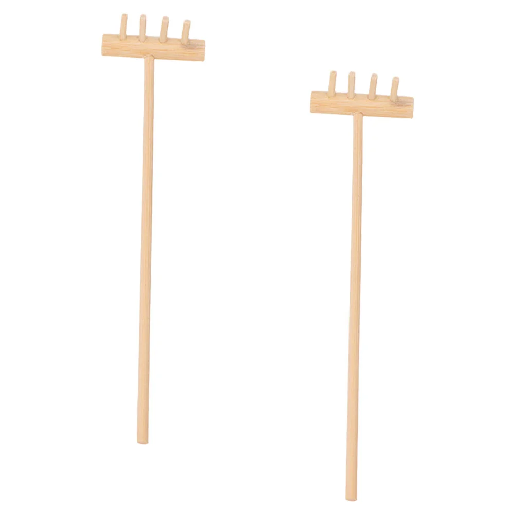 2 Pcs Mini Rake Tabletop Garden Tools Zen Accessory Decorate for Sandbox Bamboo Four Tine Desktop Accessories Small