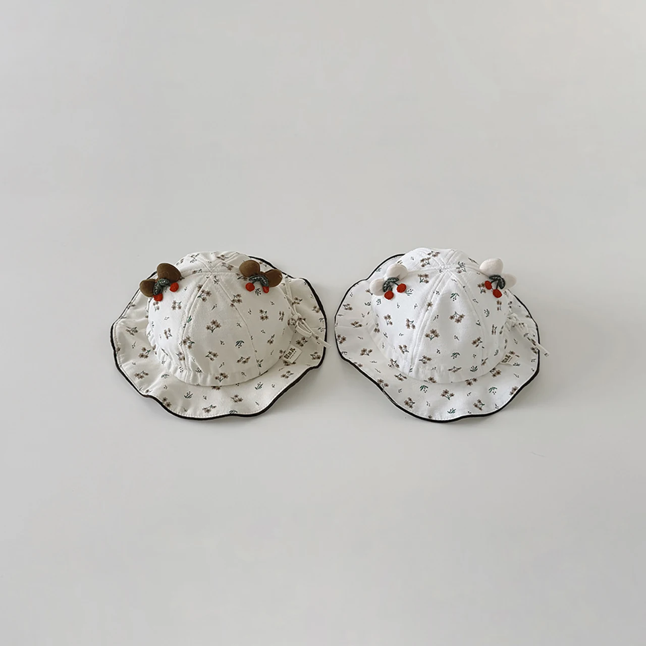 

Spring Fall Baby Fisherman Hats Cherry-Print UV-Protective Bucket Cap 2-14Month Girls Sun Hat Ruffle Brim Children Boater Caps