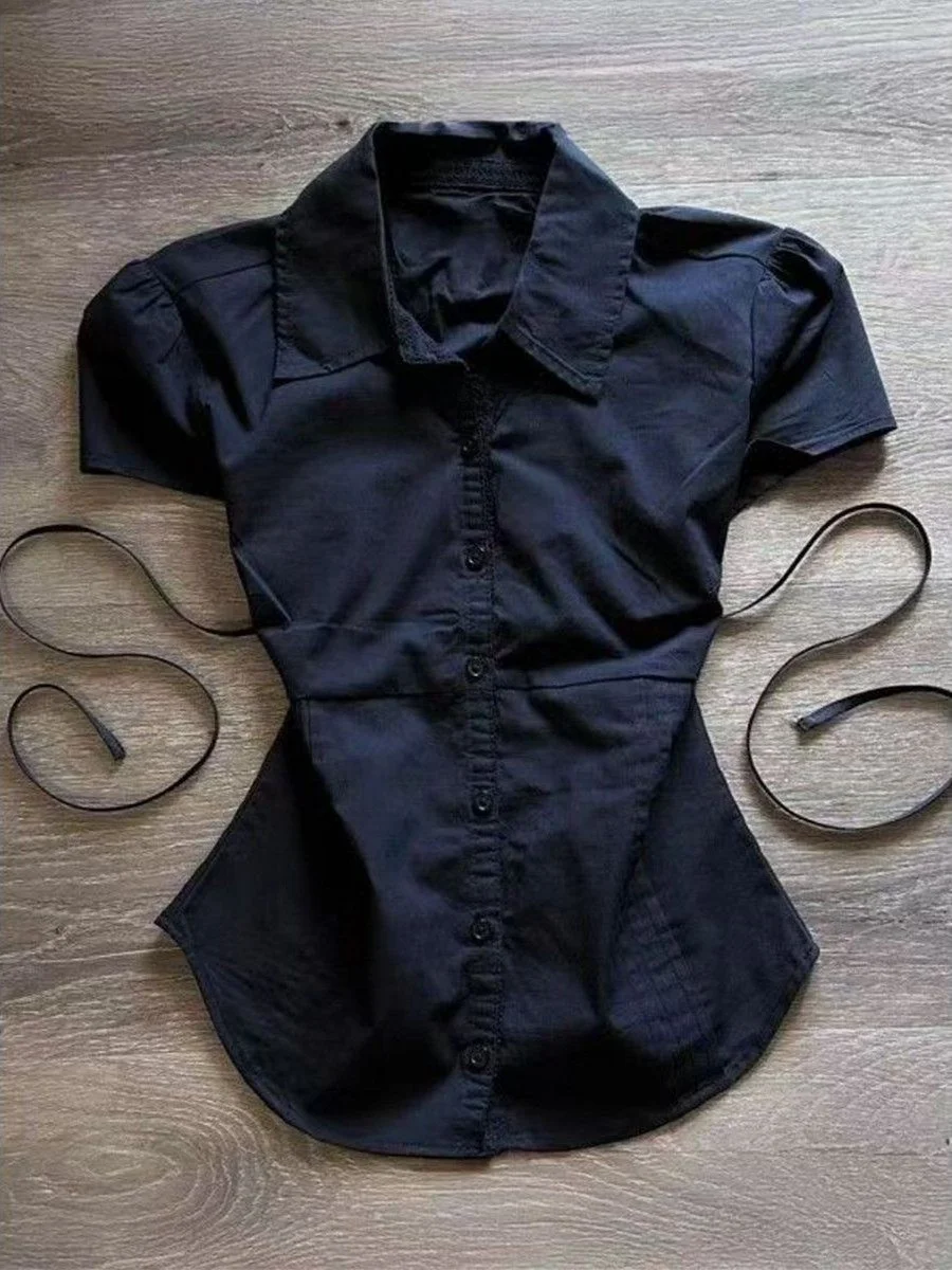 Deep Blue Slim Fit Shirt with Puffy Sleeves Short Sleeve Waist Cinched Summer New Style Vintage Personality Bubble Sleeve Top