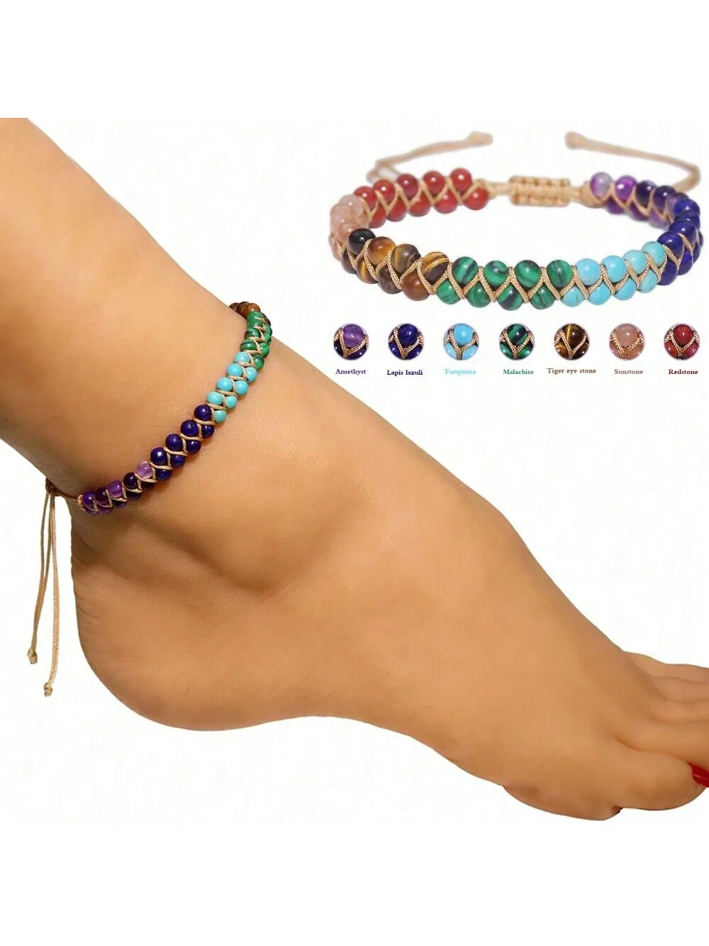 1pc Bohemian Style Handmade Natural Stone Chakra Anklet With 7 Stone And Adjustable Double Strands For Women