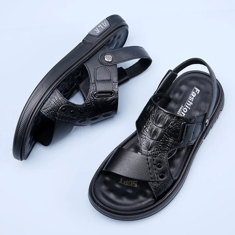 Genuine Leather Men Sandals Luxury Crocodile Pattern Men Slippers Outdoor Comfor Beach Shoes Fashion Soft Sole Men sandalias New