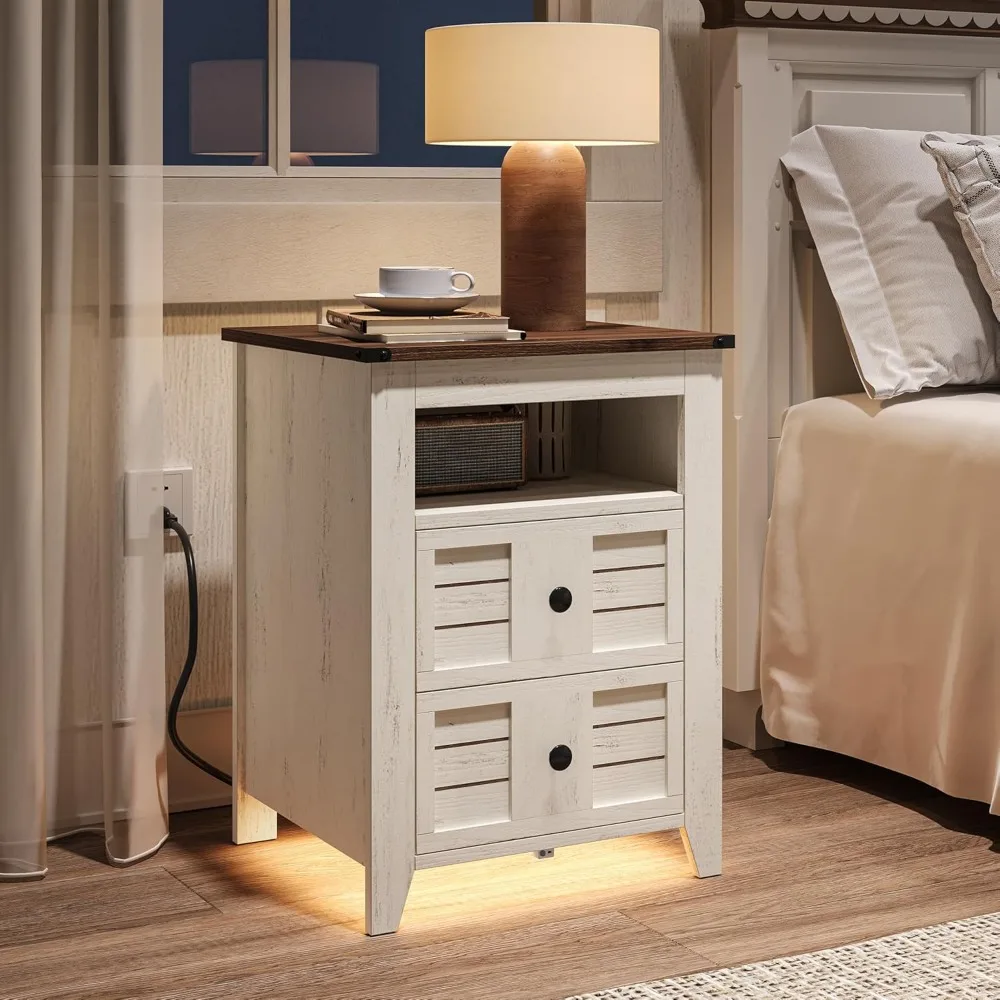 

Nightstand with Charging Station and Light, Bedside Table with 2 Drawers, End Table for Bedroom