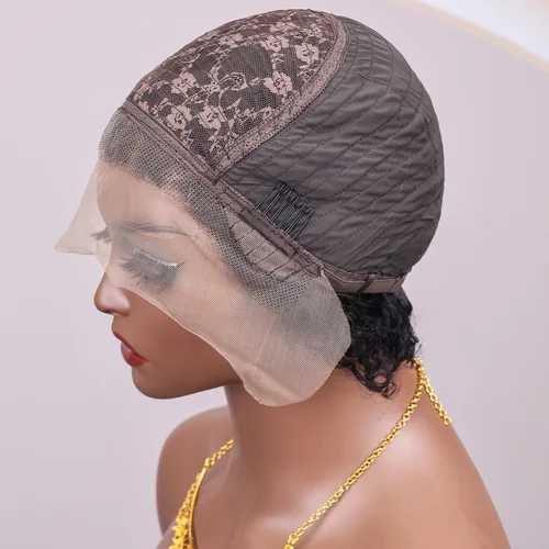 Imagen 2 del producto Peluca corta esponjosa brasileña 13x1, peluca con borde frontal, color natural, peluca corta rizada esponjosa Remy, estilo elfo, artificial femenino negro