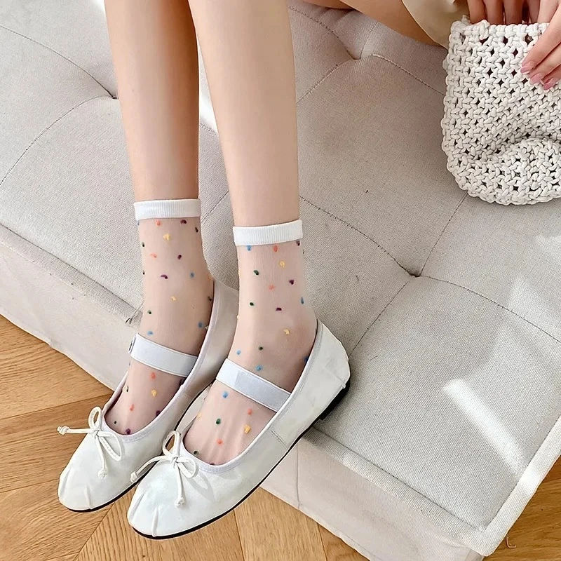 

Fashion Summer Ultra-thin Transparent Lace Socks Polka Dot Elastic Nylon Long Socks Crystal Silk Socks Women