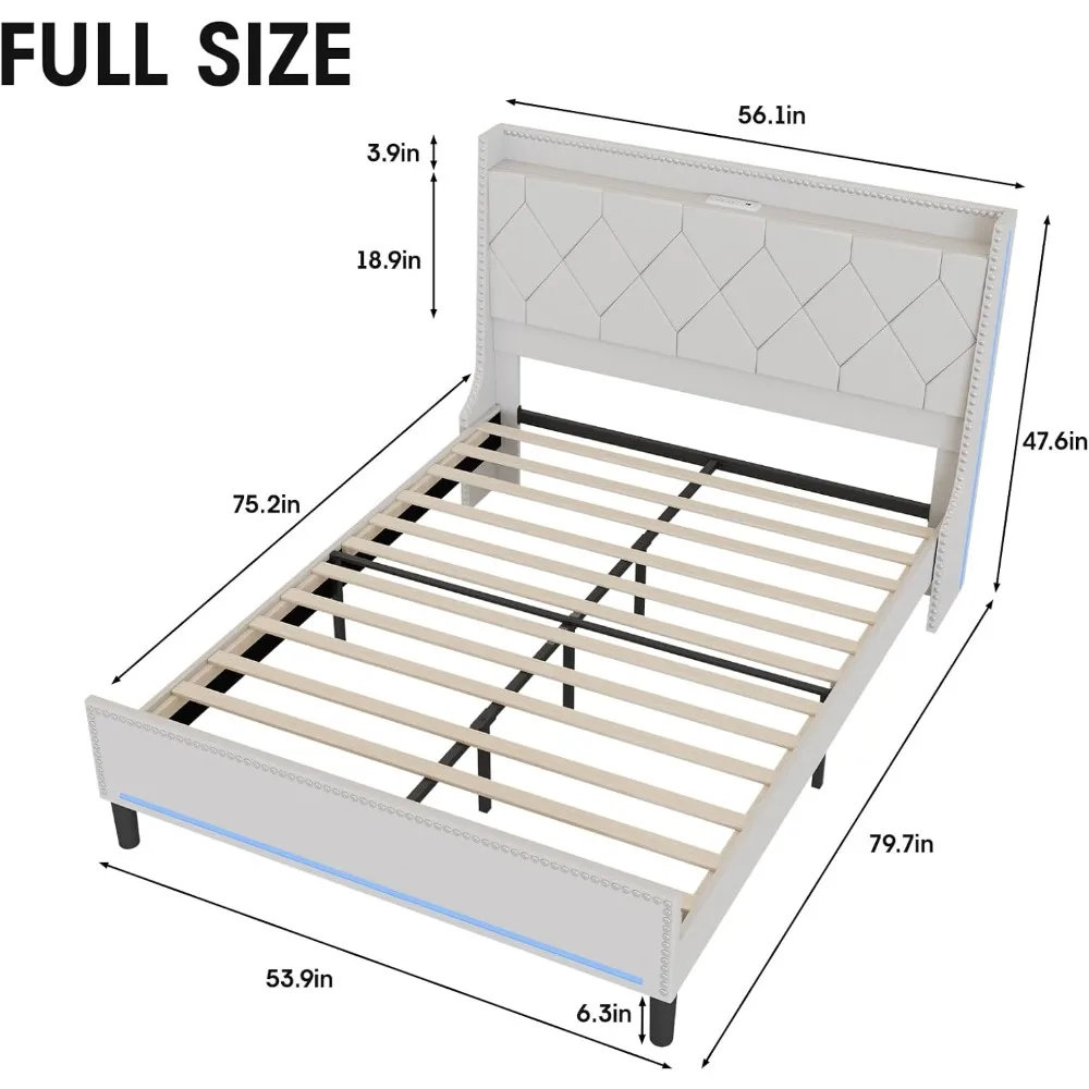 Size Bed Frames with LED Lights, Upholstered Platform Bed with Charging Station, Storage Space Under The Bed, Steel