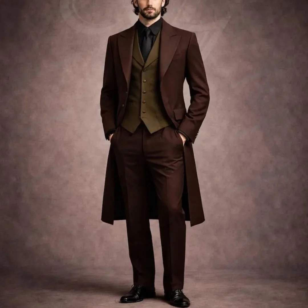Customized 3-Piece Long Dark Brown & Army Green Men's Tuxedo Suit for Wedding Party Groom Prom Business Male Jacket V