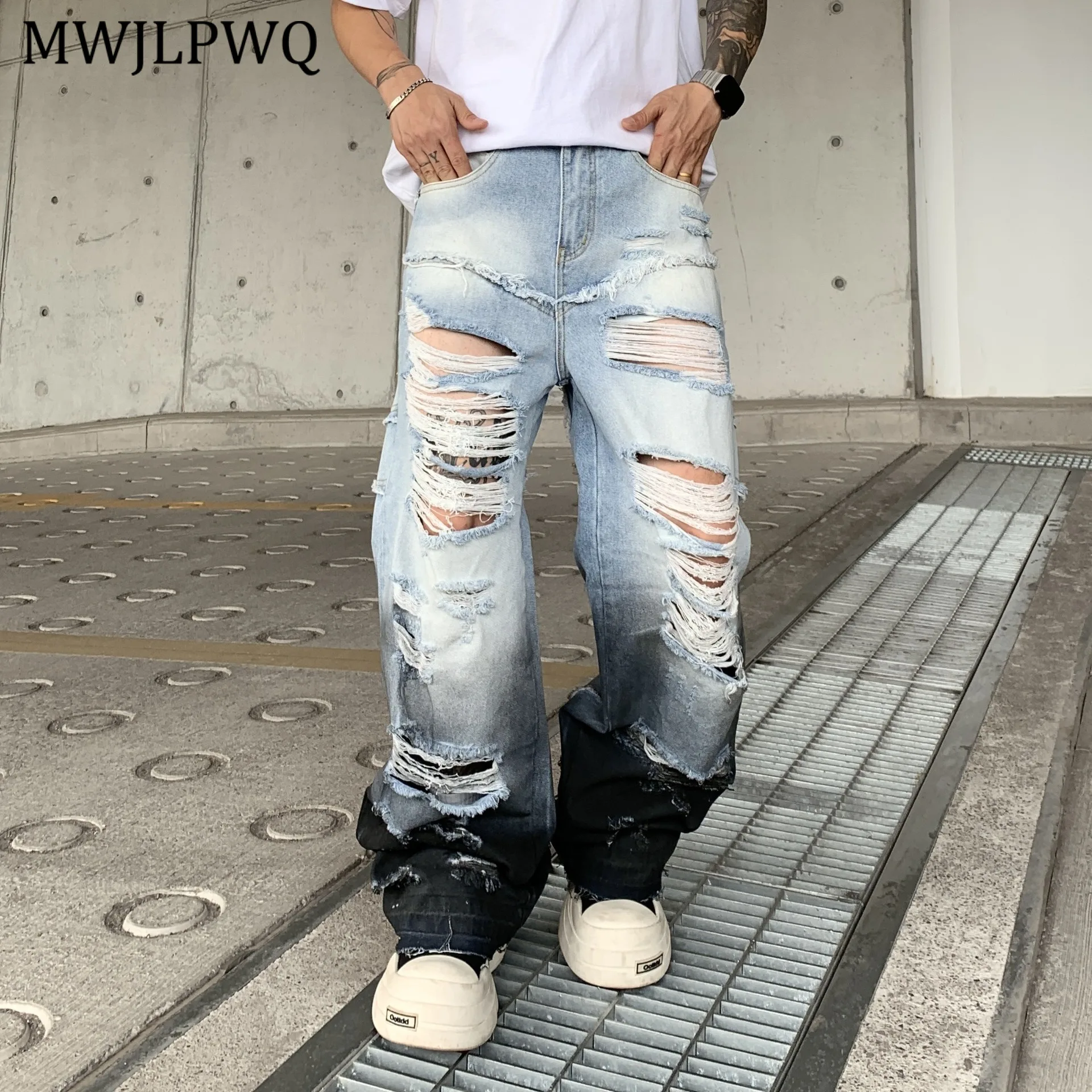

MWJLPWQ New Ripped Gradient Jeans For Men Summer Thin American Style Loose Straight Casual Wide-Leg Pants Men's Clothing 11391