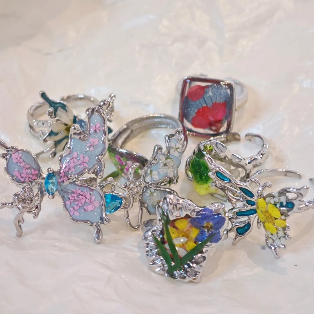 3337 بالجملة الملونة المجففة زهرة الفراشة زهرة خاتم خمر اليدوية زهرة حقيقية حلقة مفتوحة هدية عيد الميلاد عيد ميلاد #1