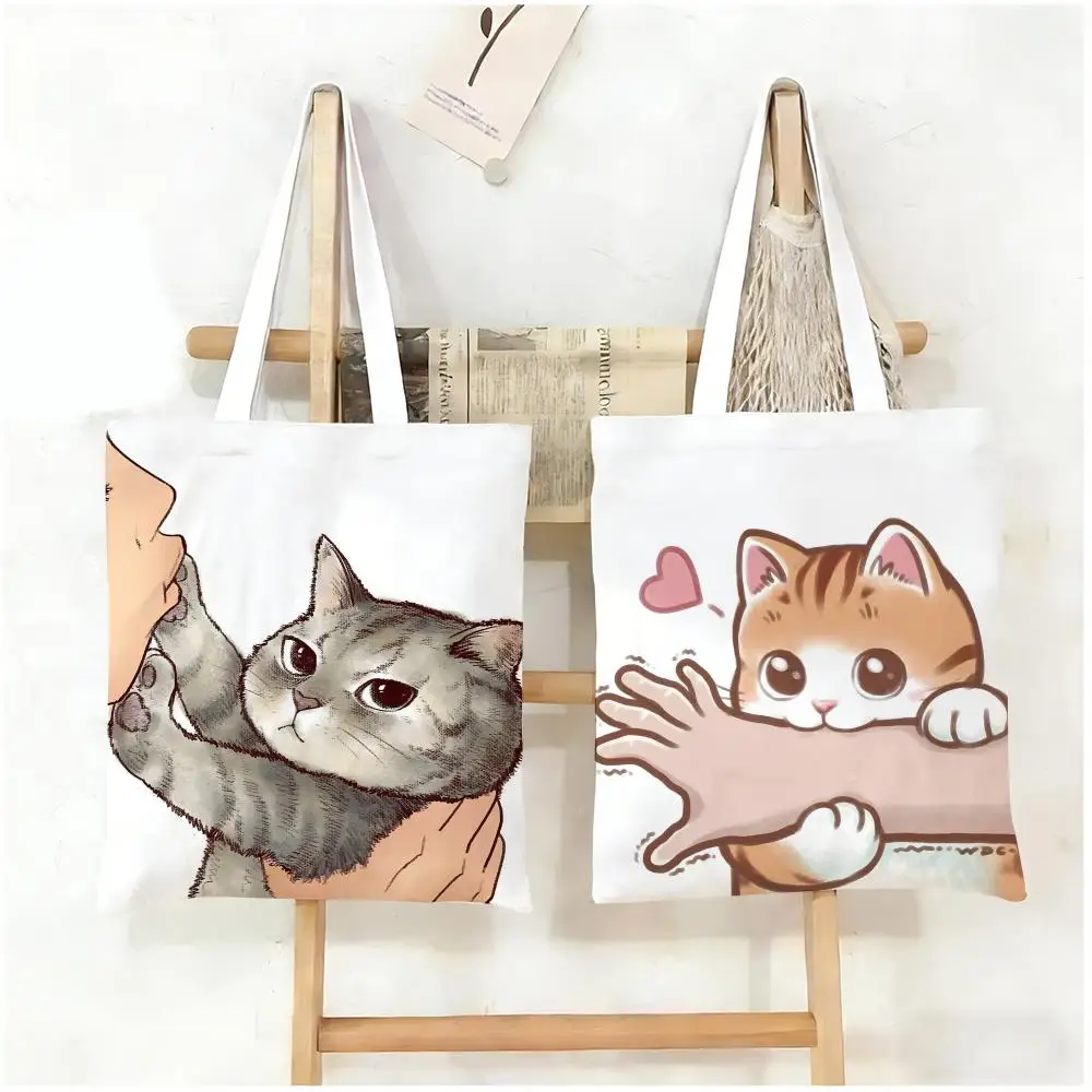 Kissing the cat Storage Bags Canvas Double-Sided Print Tote Bag Large Capacity Shoulder Fashion Shopping Handbag