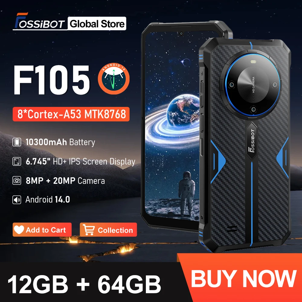 Fsibot-هاتف ذكي متين f105 ، بوصة hd + ips ، أندرويد 14 os ، 10 mah ، 12 + 64gb ، كاميرا 20 mb