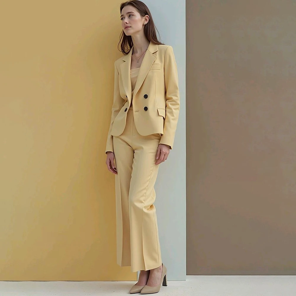 

High Quality Women's 2 Piece Suits Solid Color Double Breasted Notch Lapel Skinny Blazer Luxury Office Lasy Jacket Pants Sets