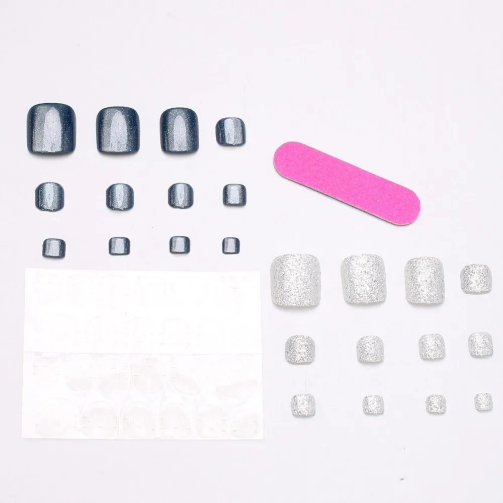 24PCS Ocean Blue Cat Eye Toenails Silver Glitter Press On Toe Nails Dark Magnetic Glossy Square Short False Foot Nails Beach view 6