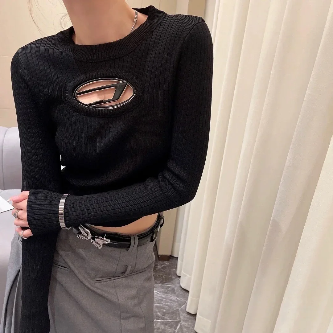 High Metal D Hollow Design SensibilityNiche Knitted Top Cropped Top Women's Autumn Elasticity Slims You Smooths Your Silhouette 