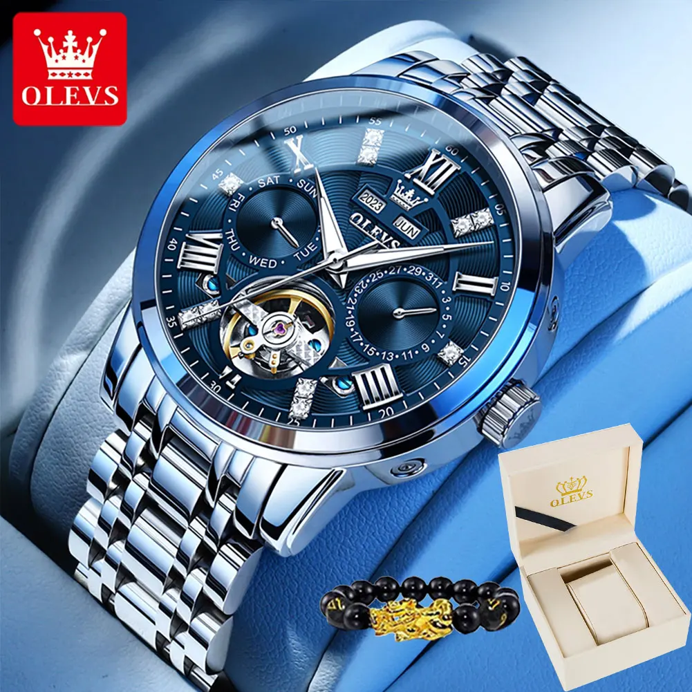 OLEVS 6701 Trend Blue Automatic Mechanical Watch for Men Dual Calendar Flywheel Skeleton Multifunctional Dial Men\'s Wristwatches