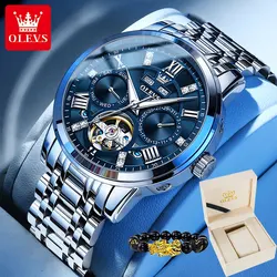 OLEVS 6701 Trend Blue Automatic Mechanical Watch for Men Dual Calendar Flywheel Skeleton Multifunctional Dial Men's Wristwatches