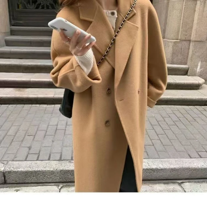 Abrigos de mezcla de lana para mujer, abrigo medio largo con doble botonadura, terciopelo empalmado, estilo universitario elegante contrastante, salidas artísticas informales