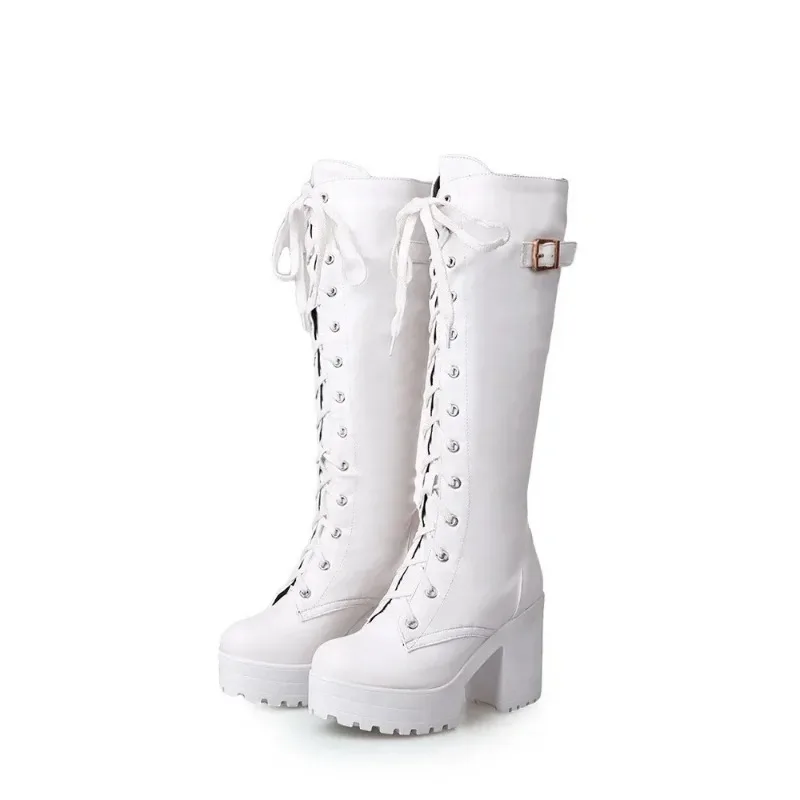 Hot Sale Spring Autumn Lacing Knee High Boots Women Fashion White Square Heel Woman Leather Shoes Winter PU Large Size 43