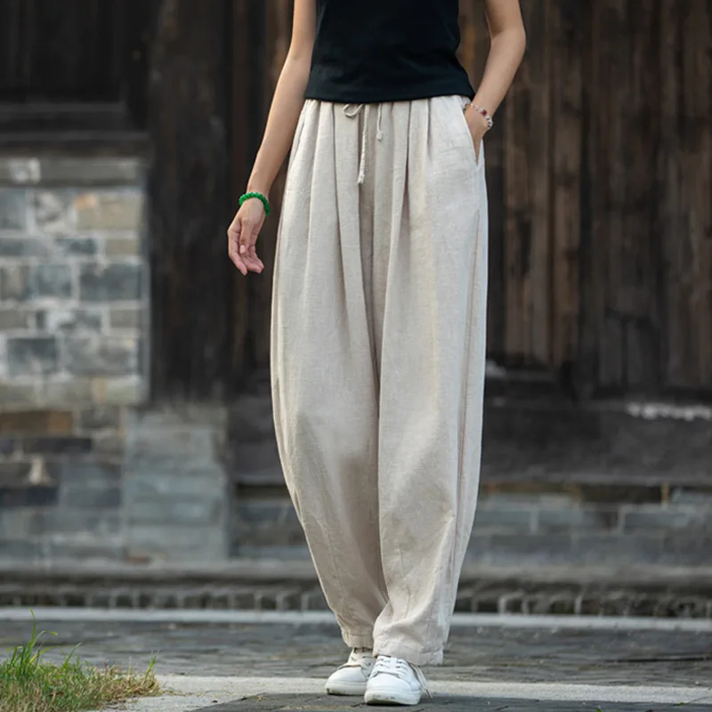

25 New Arrival Spring/summer Women Vintage 100% Cotton Linen Ankle-length Pants Casual Loose Elastic Waist Bloomers Pants Y133