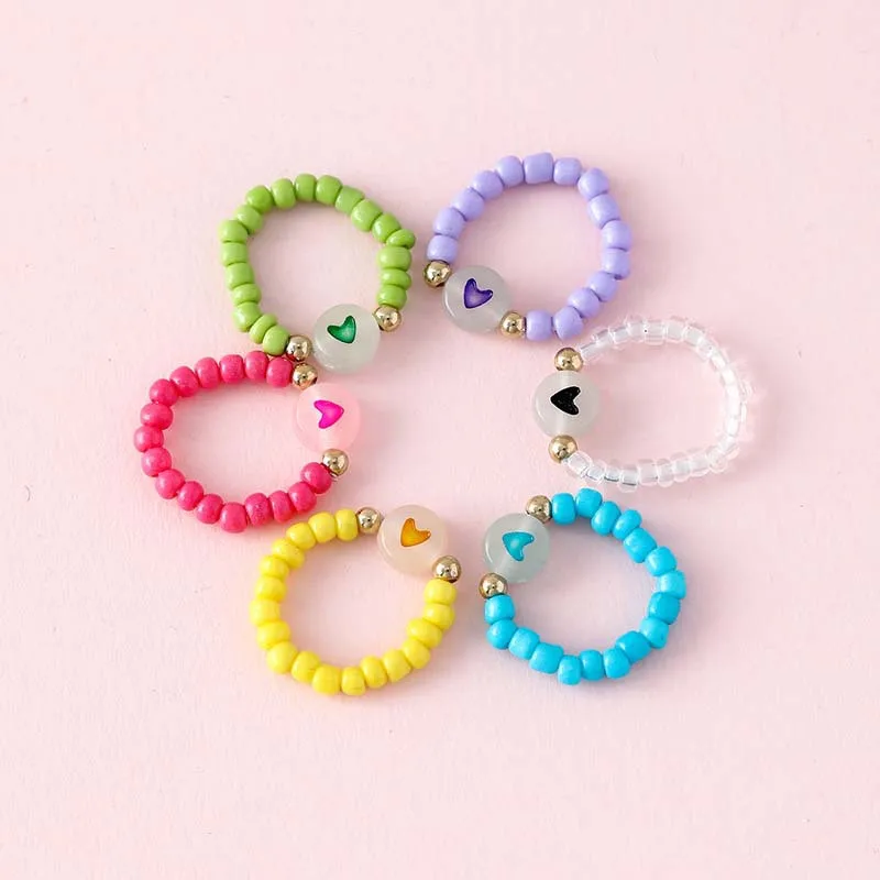 New 6Pcs/Set Handmade Noctilucent Beaded Rings For Princess Girls Summer Children Jewelry Wholesale Party Gifts Kids Gifts image 2