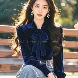 Elegant Bow Tied Blue Gold Velvet Blouse Top Women Korean Chic burnout velvet top Ladies Office Wear Basic Shirt Female