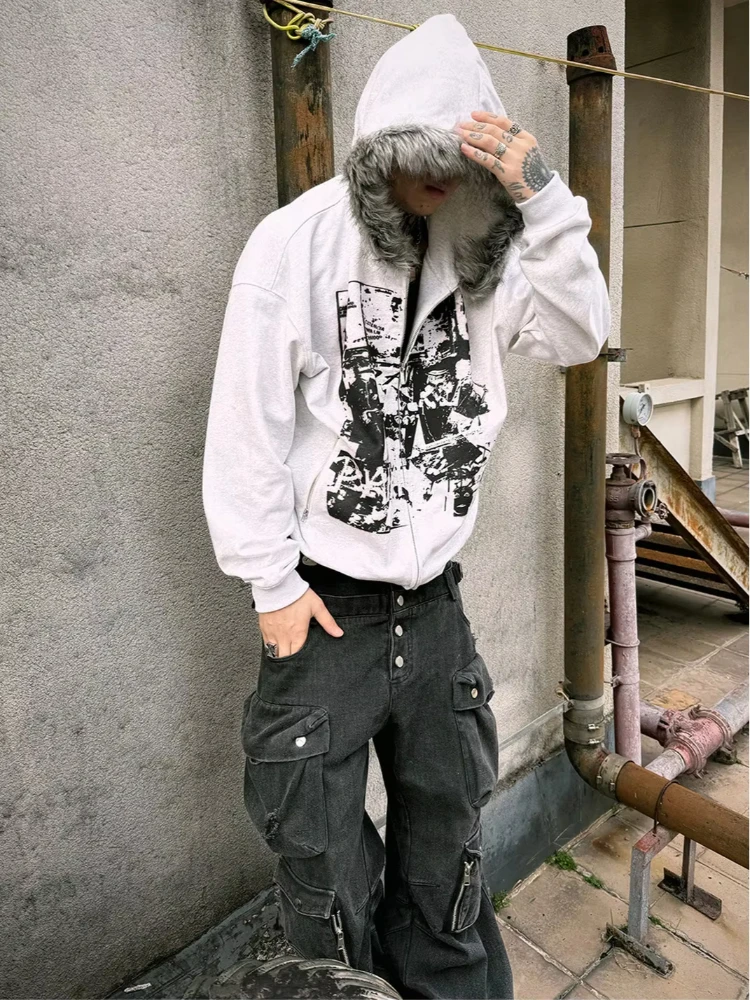 

Новая американская ретро-модель: кардиган-толстовка унисекс с капюшоном, меховым воротником и принтом в стиле панк, тренд Y2K