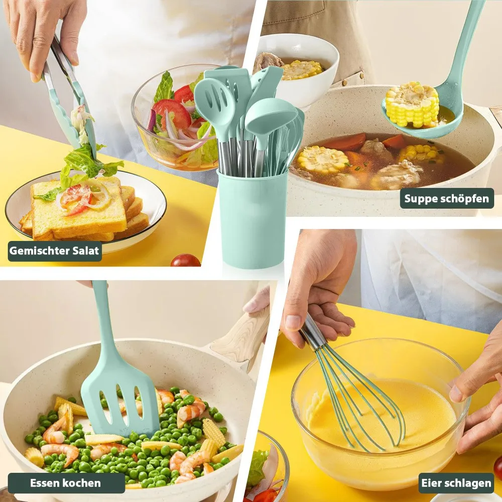 Juego de utensilios de cocina de silicona antiadherente, espátula, batidor de huevos, cuchara, mango de acero inoxidable, juego de herramientas de cocina, 45 piezas