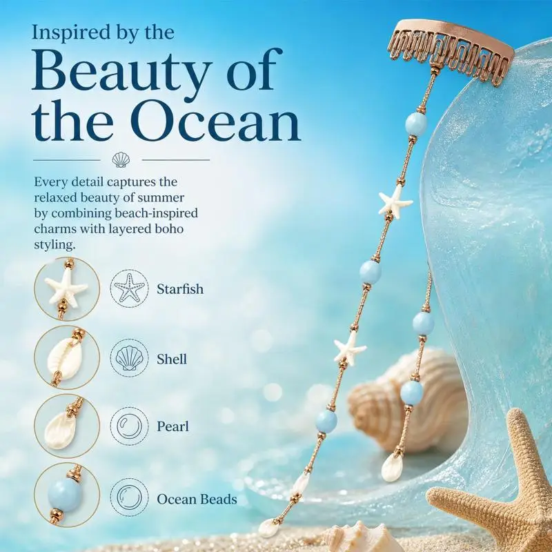 (BF06)Beachy Mermaid Hair Accent: Starfish & Bead Details For Women Clip Beads Pretty Summer Cute Accessory Headdress Hairstyle