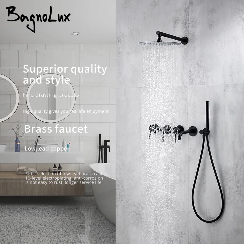 Matte Black Shower System Bathroom Bathtub Faucet Mixer Tap Wall Mount Tub Spout Rotate  8/10/12 Inch Rainfall HeadShower