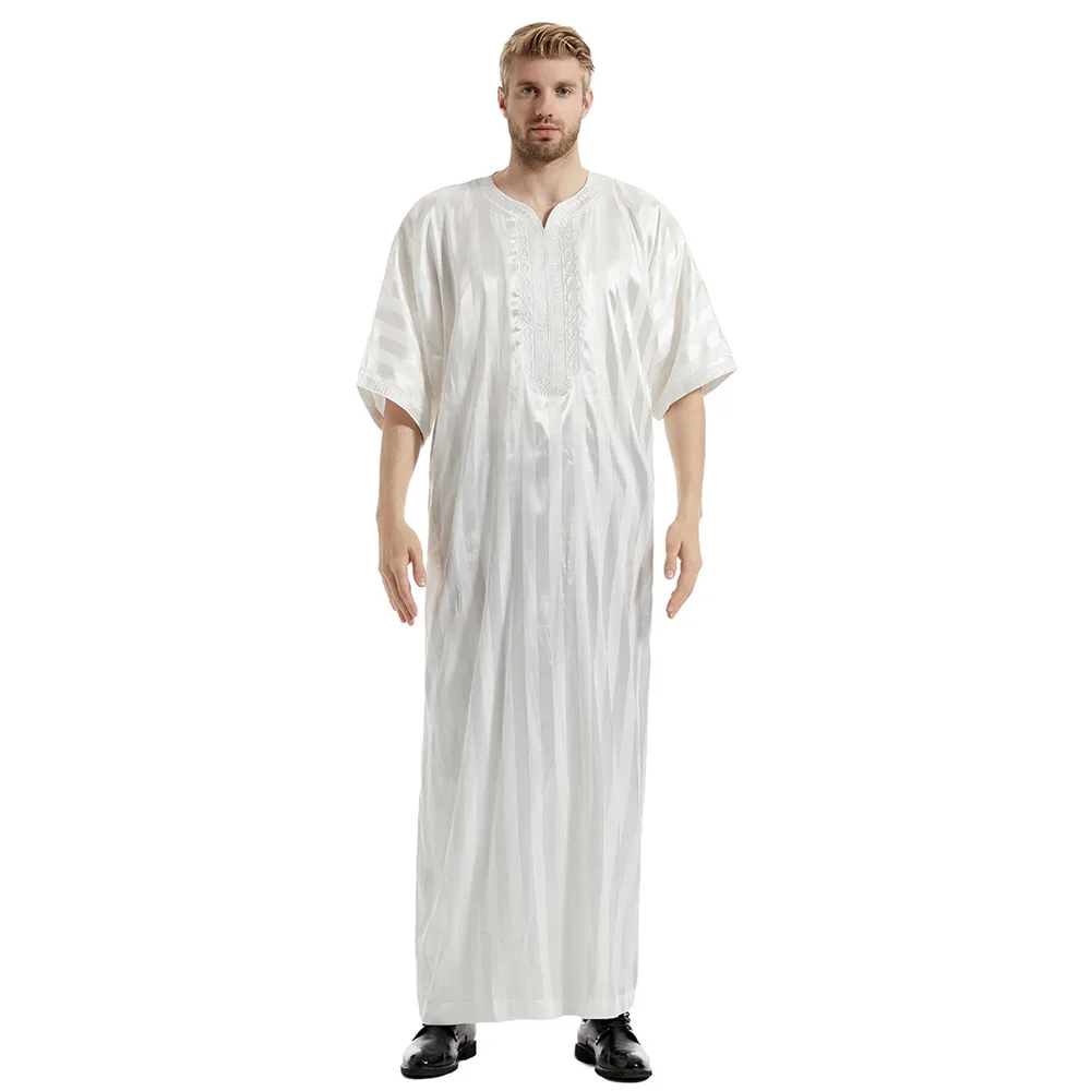 Men Islamic Jubba Thobe Arabic Kaftan Vintage Solid Short Sleeve Loose Retro Stripe Robe Abaya Dubai Middle East Muslim Clothing