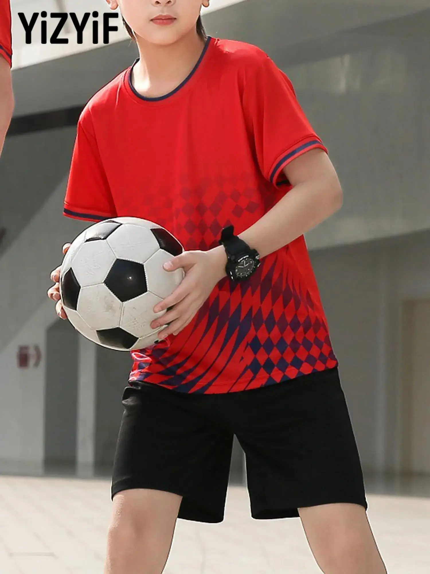 

Kids Boys Geometric Printed Football Jersey Moisture-Wicking Soccer Uniform Quick-Drying Sports Set Short Sleeve Top Shorts Sets