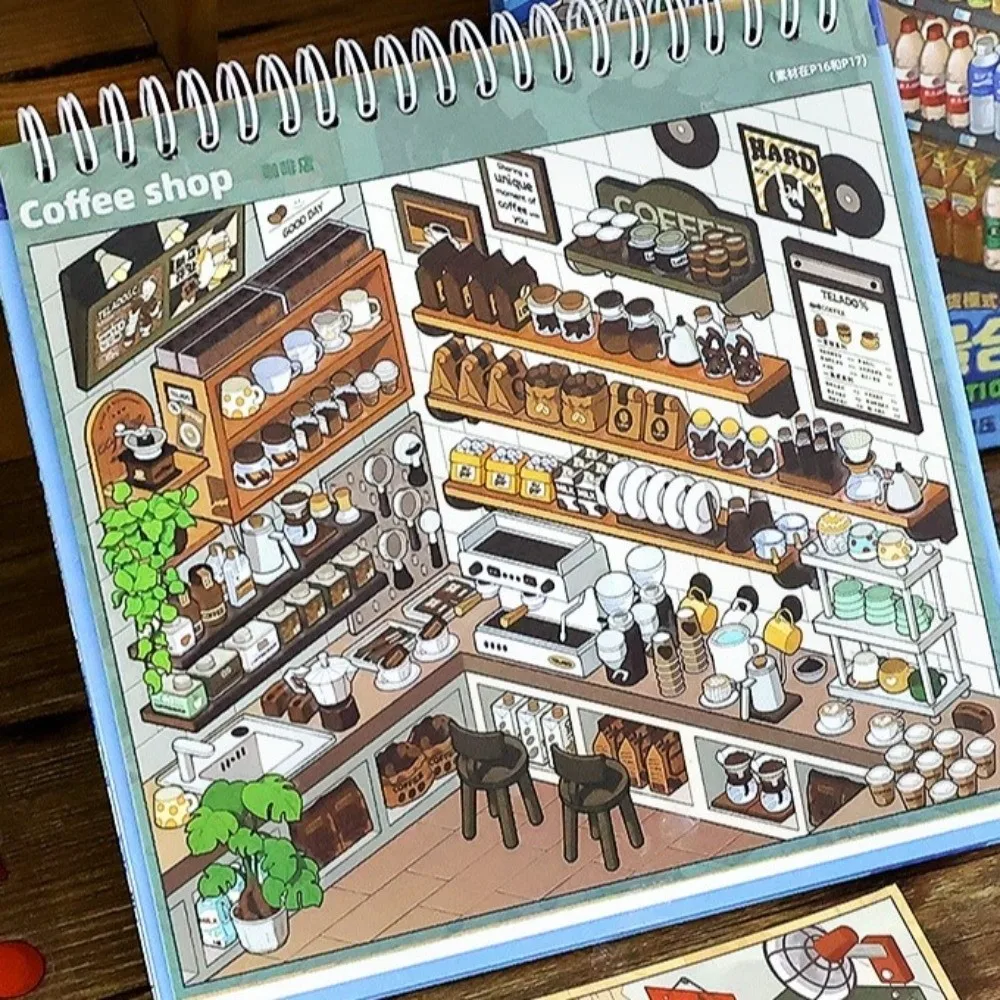 New Cute 3D Scenery Stickers Large Size PET Miniature Scene Sticker 10 Scenes 33 Sheets Shop Scene Sticker Holiday Gifts