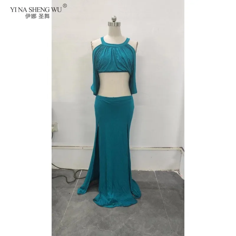 Traje de performance de dança do ventre feminino oriental modal manga morcego vestido dividido prática dancewear para dançarinos femininos roupa de palco