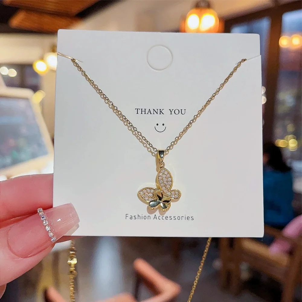 قلادة جميلة للنساء - قلادة بقلادة من سلسلة الفراشة، زركون نحاسي مرصع بالزركون، فاخر خفيف بسيط، مجوهرات متخصصة