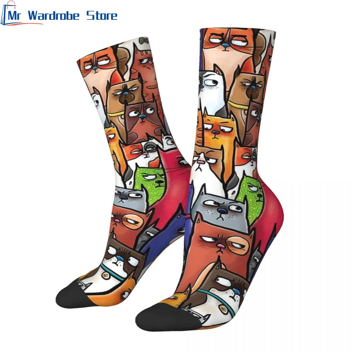 Suspicious Kitties Funny Crew Socks for Men Women Spring Summer Autumn Winter Non-Slip Breathable Middle Tube Socks