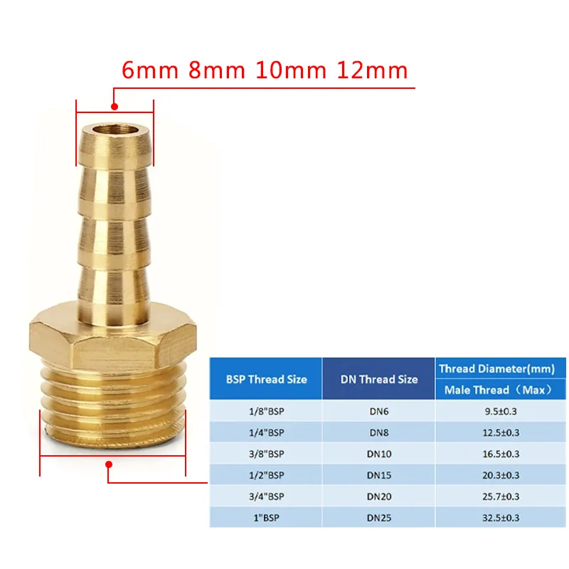 Latão Pipe Fitting Pagoda Connector, BSP Macho Conector Joint Copper Coupler Adapter, Mangueira Barb Cauda, 4 ~ 16mm, 1/8 