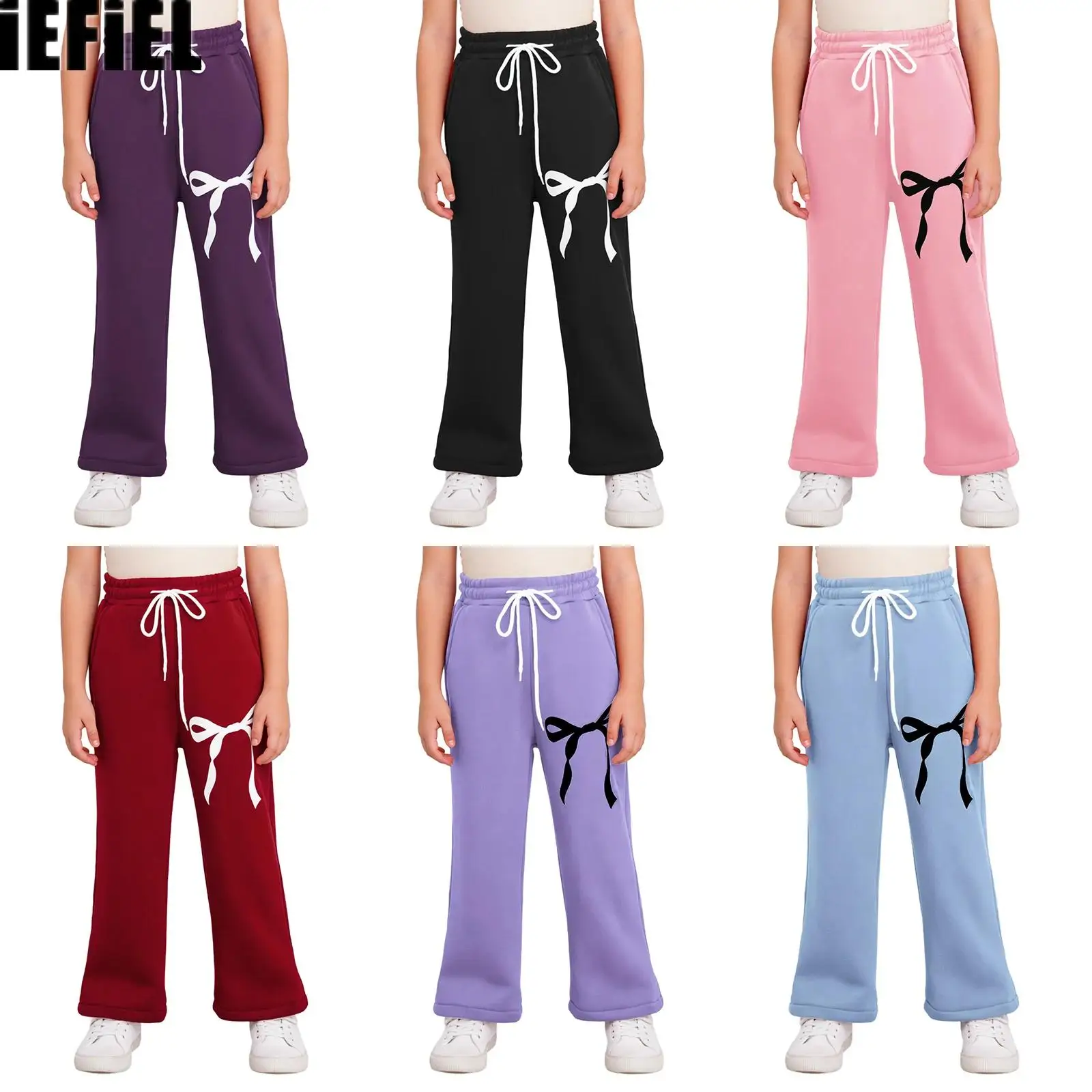 

Kids Girls Print Sports Pants Cute Bowknot Drawstring Elastic Waistband Straight-Leg Sweatpants with Pockets