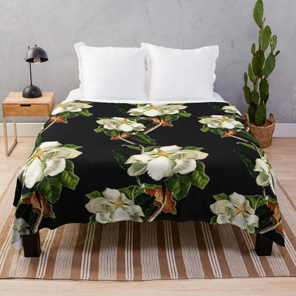 

Vintage White Magnolia on Black Background Throw Blanket Ultra Plush Cozy Blanket for Napping Sleeping